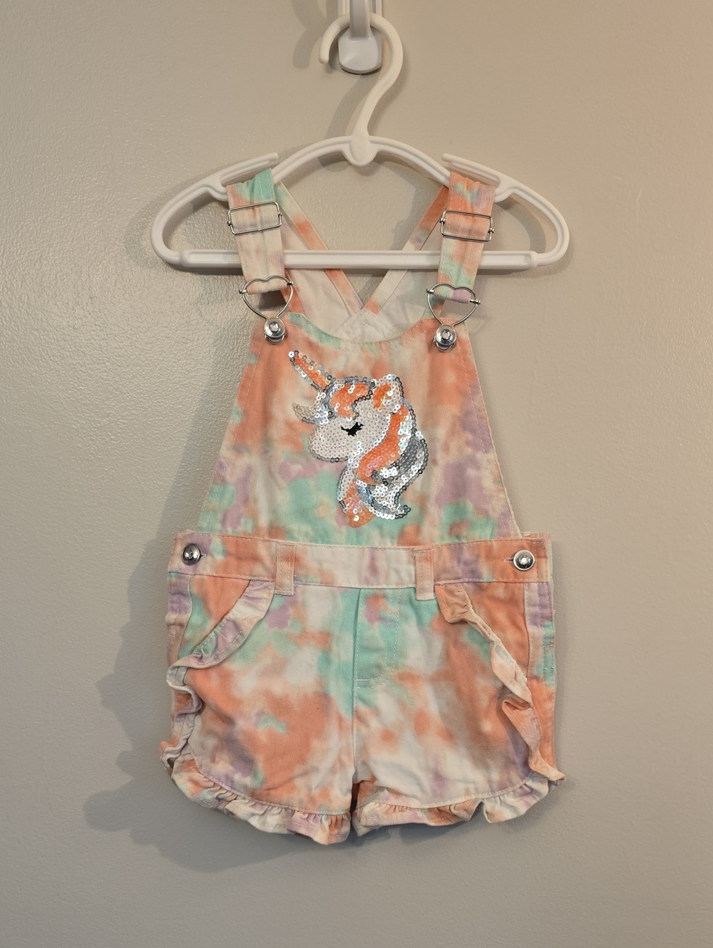 Sequin Unicorn Tie-Dye Overalls - Peach & Mint - Kids